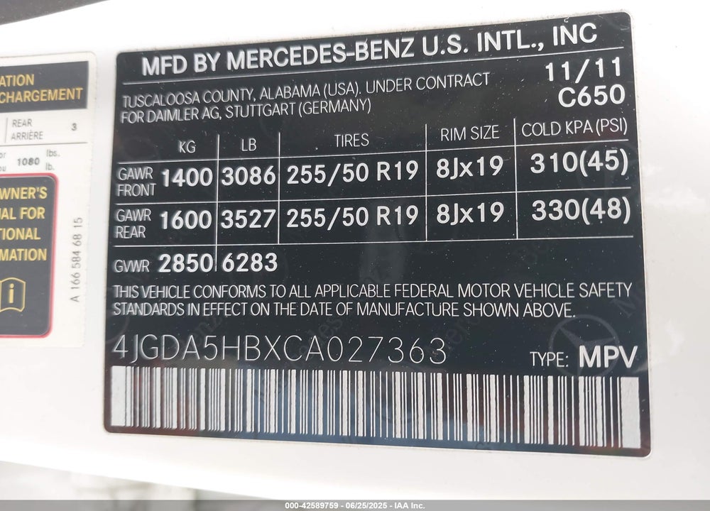 2012 MERCEDES-BENZ M-CLASS VIN: 4JGDA5HBXCA027363