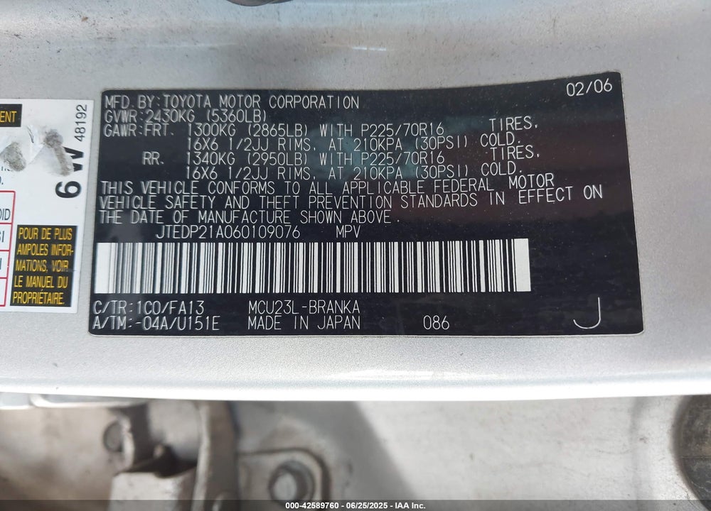 2006 TOYOTA HIGHLANDER VIN: JTEDP21A060109076