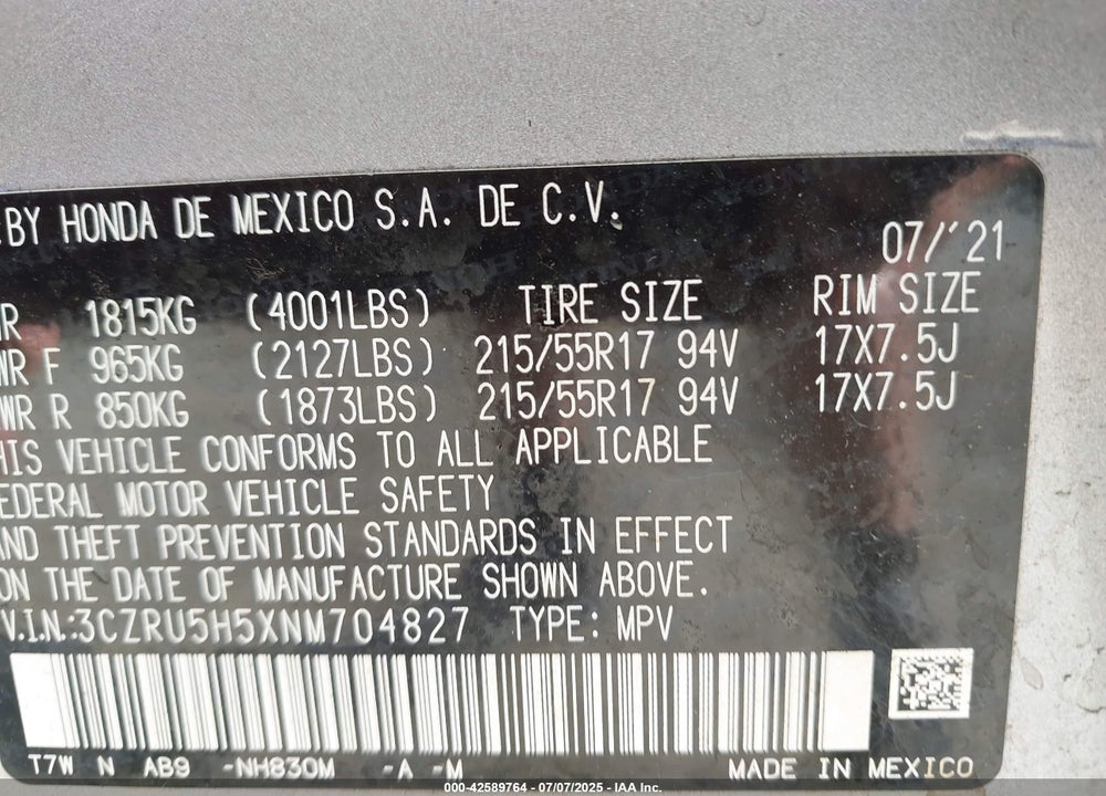 2022 HONDA HR-V VIN: 3CZRU5H5XNM704827