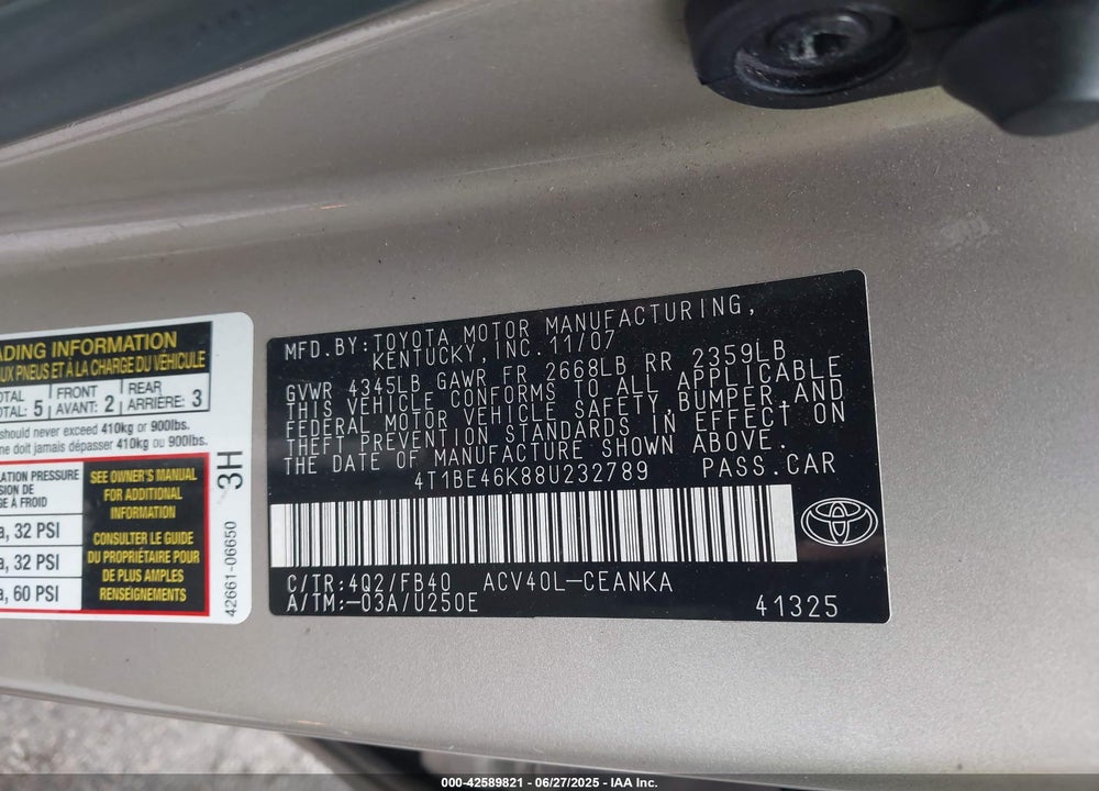 2008 TOYOTA CAMRY CE/LE/XLE/SE VIN: 4T1BE46K88U232789