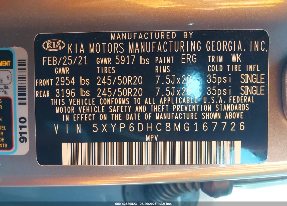 2021 KIA TELLURIDE VIN: 5XYP6DHC8MG167726