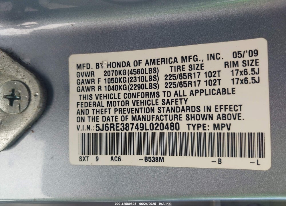2009 HONDA CR-V VIN: 5J6RE38749L020480