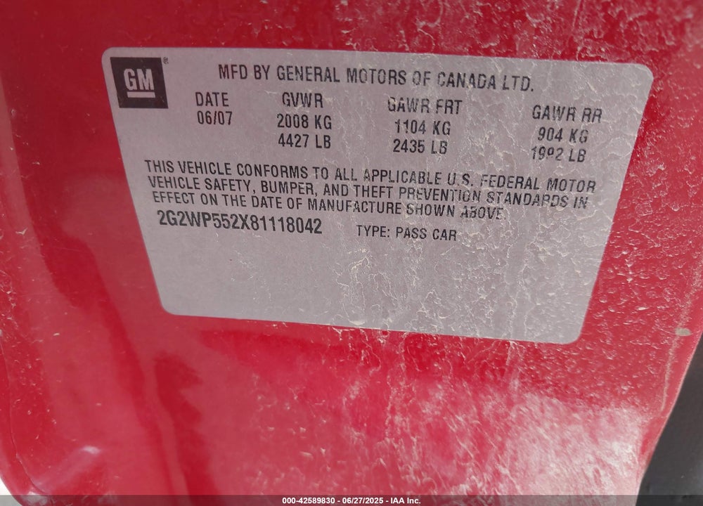 2008 PONTIAC GRAND PRIX VIN: 2G2WP552X81118042