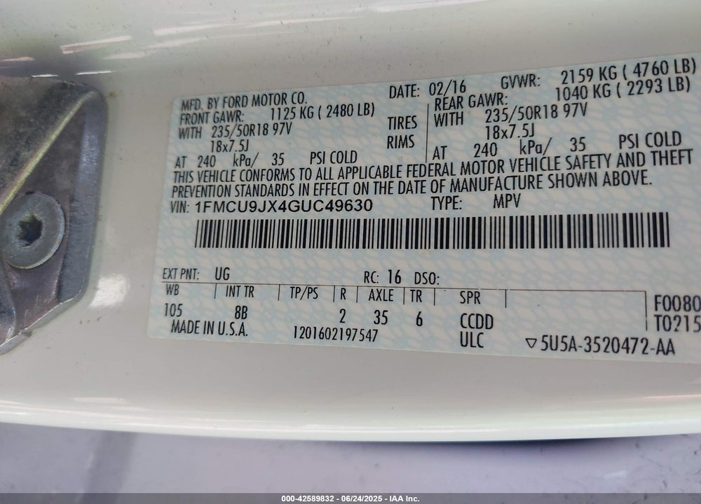 2016 FORD ESCAPE TITANIUM VIN: 1FMCU9JX4GUC49630