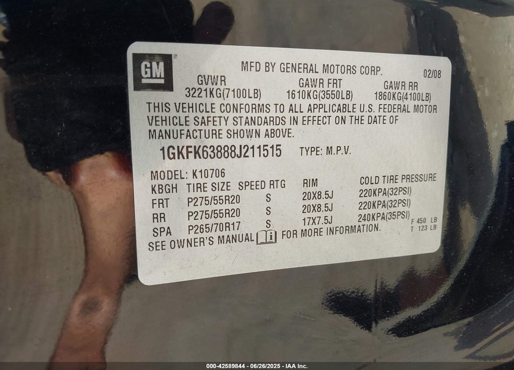 2008 GMC YUKON VIN: 1GKFK63888J211515