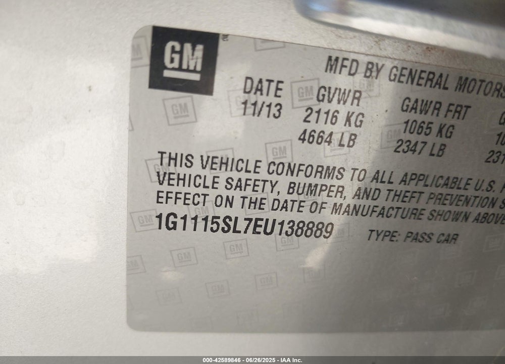 2014 CHEVROLET IMPALA 1LT VIN: 1G1115SL7EU138889