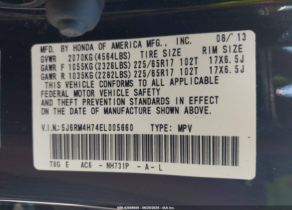 2014 HONDA CR-V EX-L VIN: 5J6RM4H74EL005660