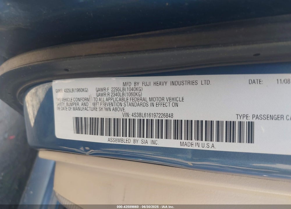 2009 SUBARU LEGACY 2.5I VIN: 4S3BL616197226848