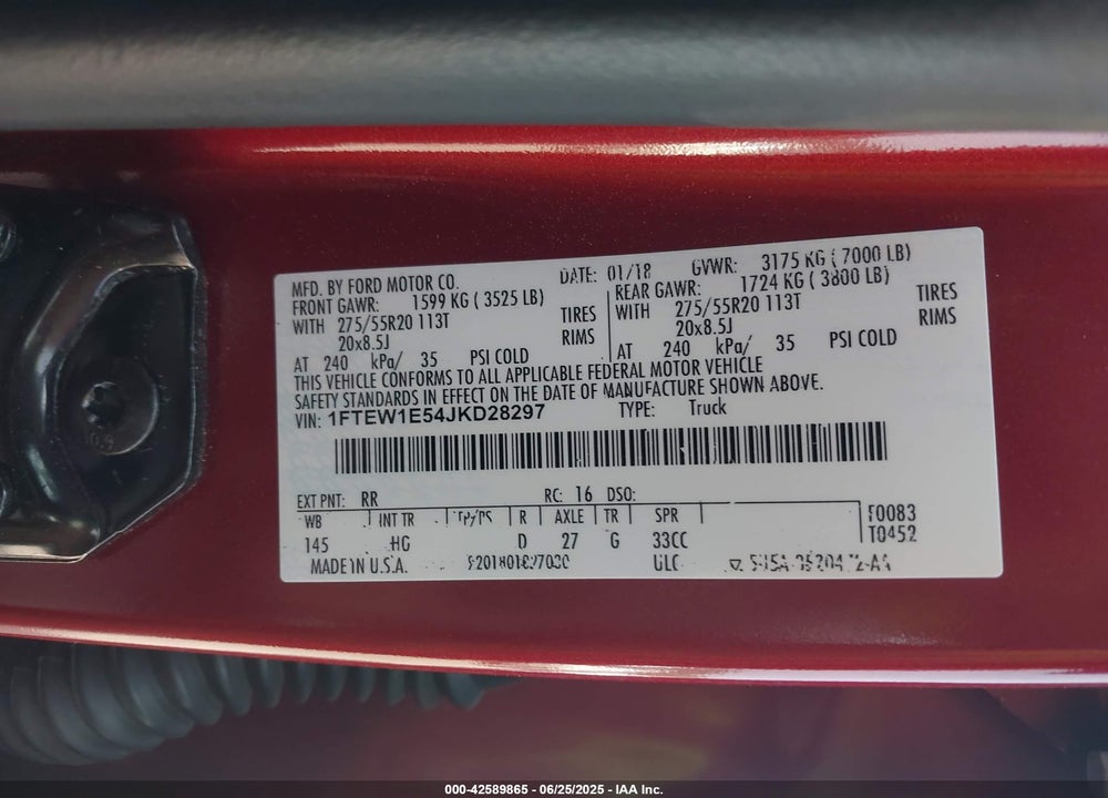 2018 FORD F-150 VIN: 1FTEW1E54JKD28297