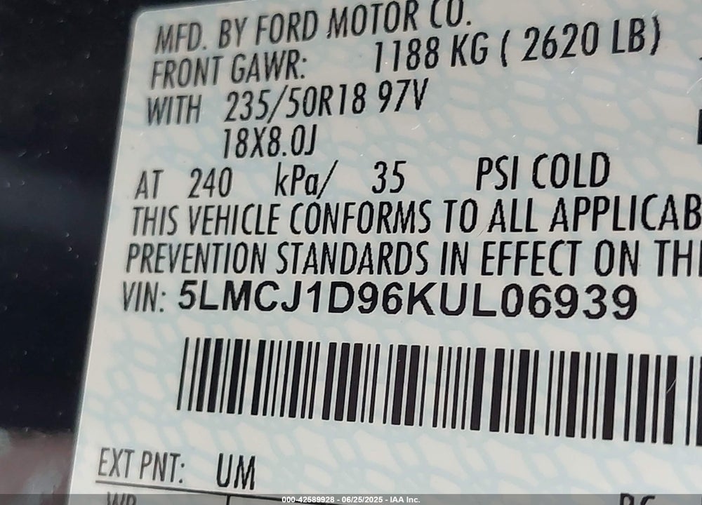 2019 LINCOLN MKC VIN: 5LMCJ1D96KUL06939