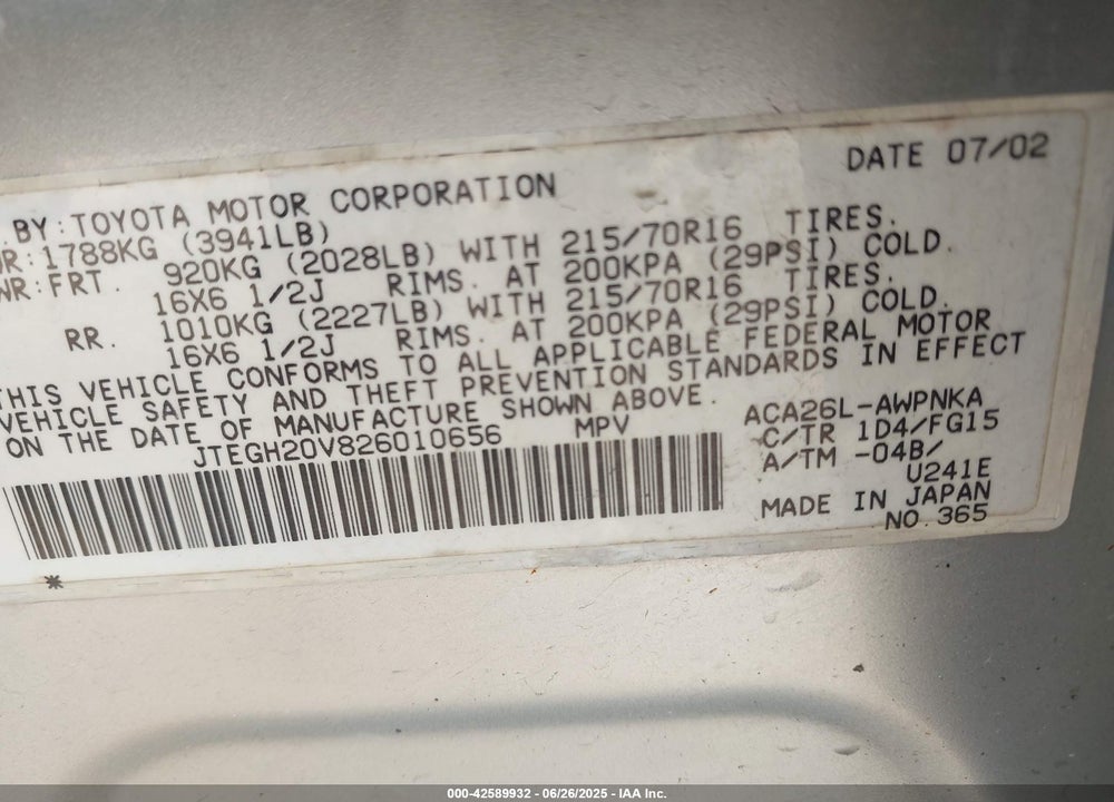 2002 TOYOTA RAV4 VIN: JTEGH20V826010656