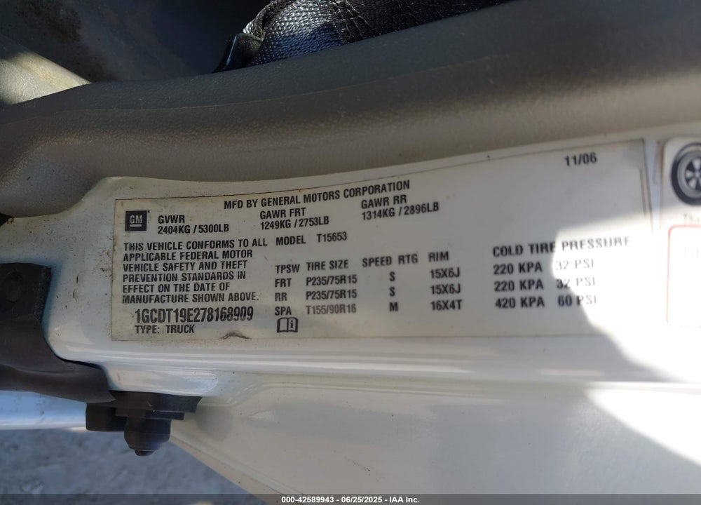 2007 CHEVROLET COLORADO VIN: 1GCDT19E278168909