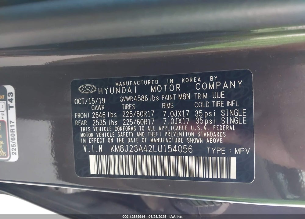 2020 HYUNDAI TUCSON VIN: KM8J23A42LU154056
