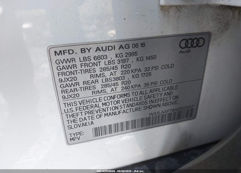 2017 AUDI Q7 3.0T PREMIUM VIN: WA1LAAF74HD023137