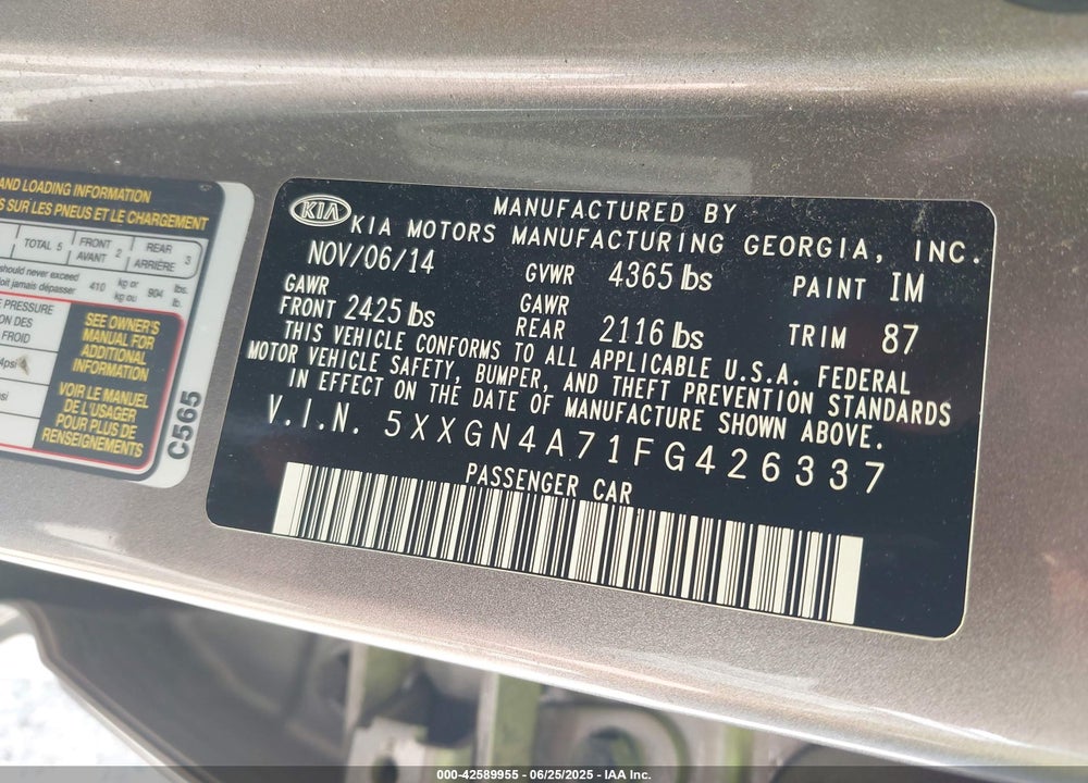 2015 KIA OPTIMA VIN: 5XXGN4A71FG426337