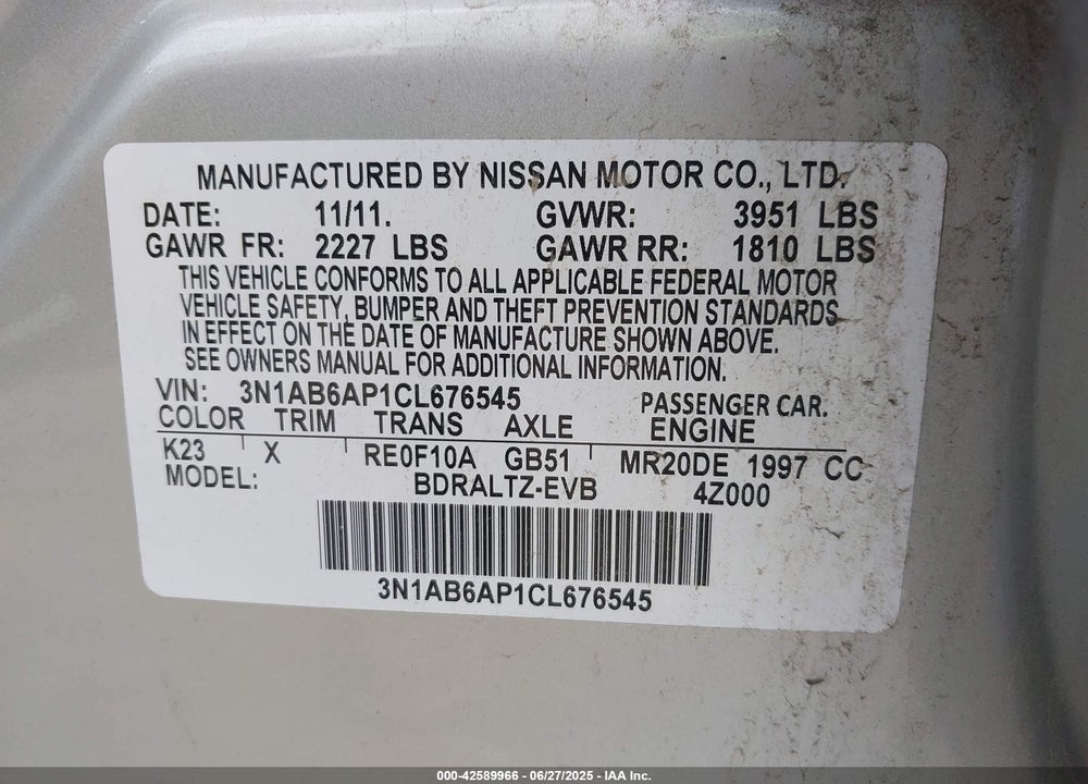 2012 NISSAN SENTRA VIN: 3N1AB6AP1CL676545