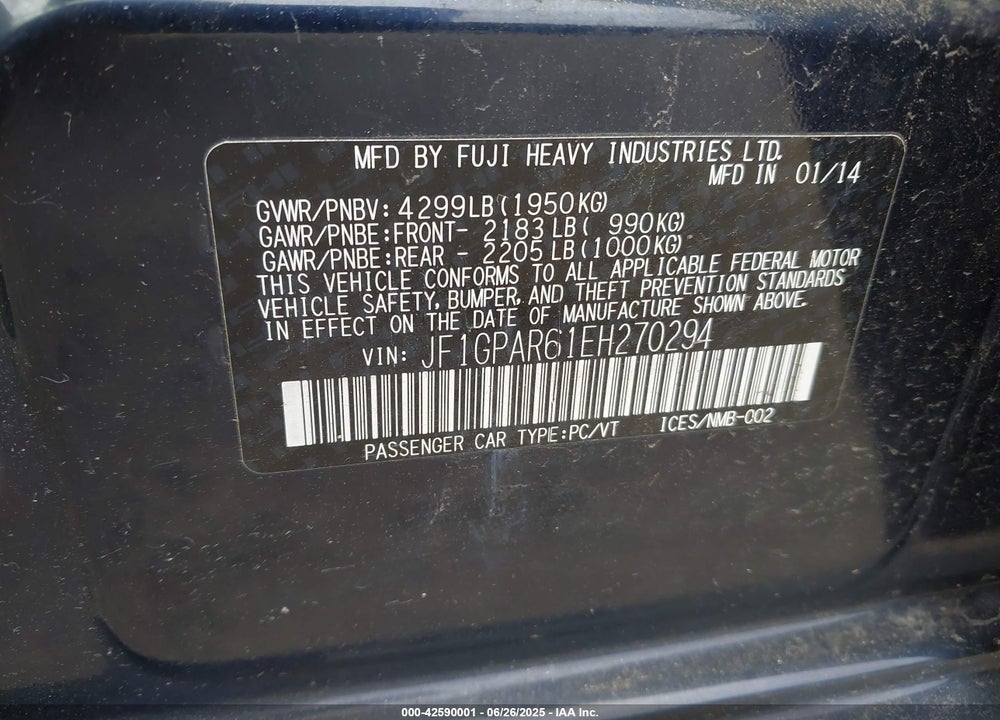 2014 SUBARU IMPREZA VIN: JF1GPAR61EH270294