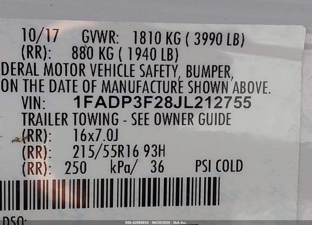2018 FORD FOCUS SE VIN: 1FADP3F28JL212755
