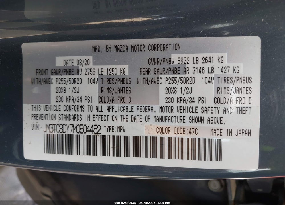 2021 MAZDA CX-9 CARBON EDITION VIN: JM3TCBDY7M0504462