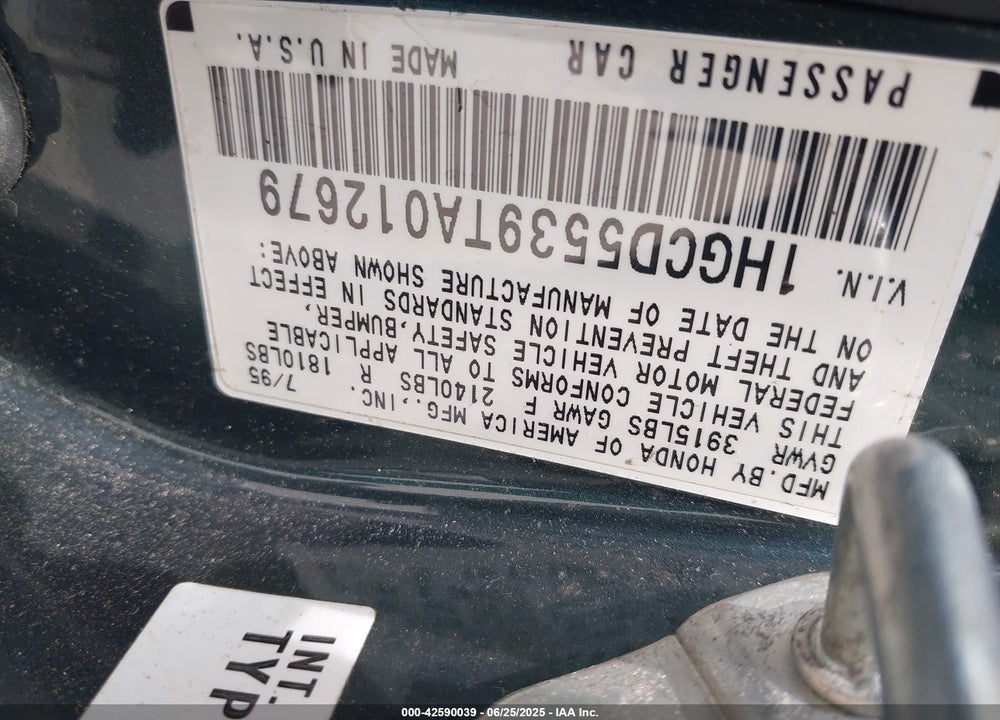 1996 HONDA ACCORD LX/EX VIN: 1HGCD5539TA012679