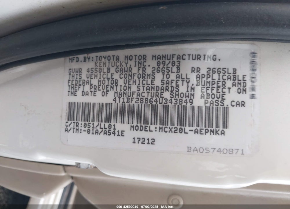 2004 TOYOTA AVALON XL VIN: 4T1BF28B64U343849