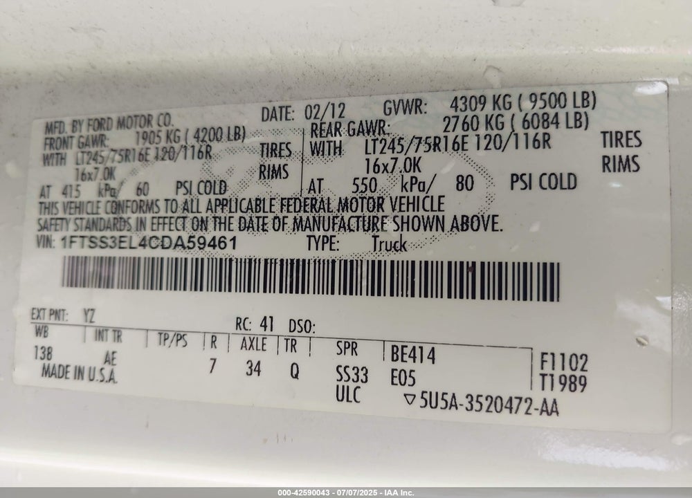 2012 FORD E-350 SUPER DUTY COMMERCIAL VIN: 1FTSS3EL4CDA59461