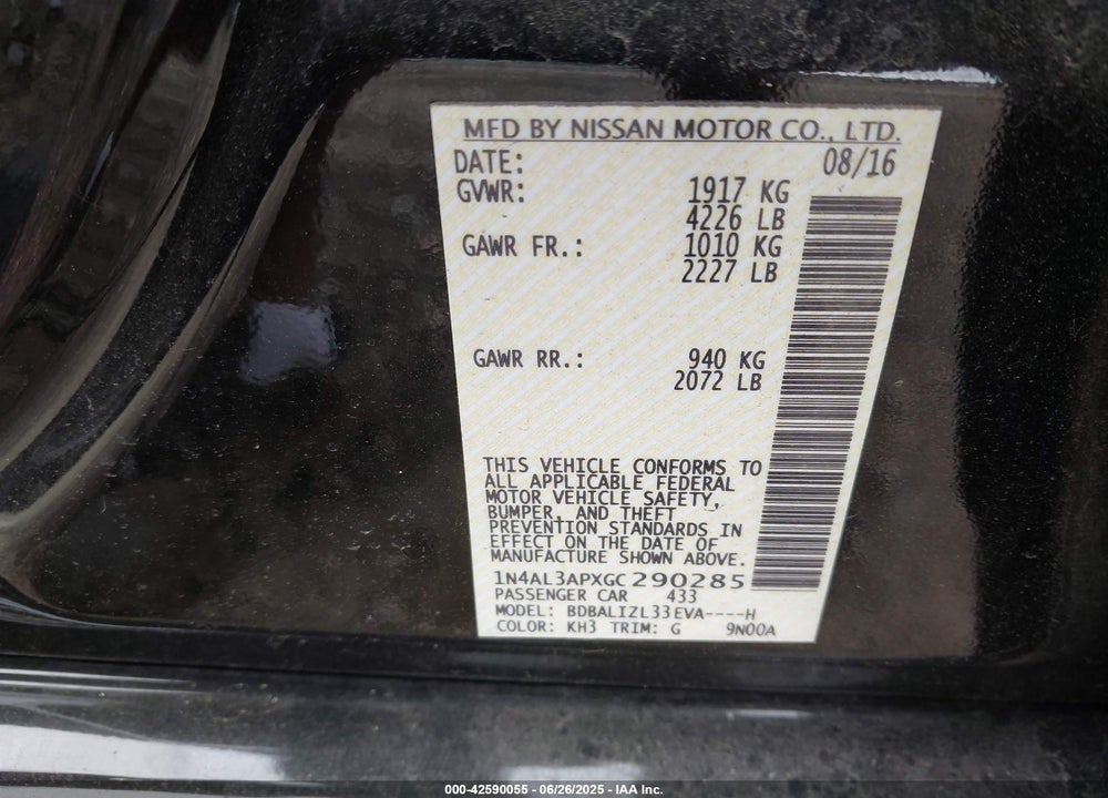 2016 NISSAN ALTIMA VIN: 1N4AL3APXGC290285