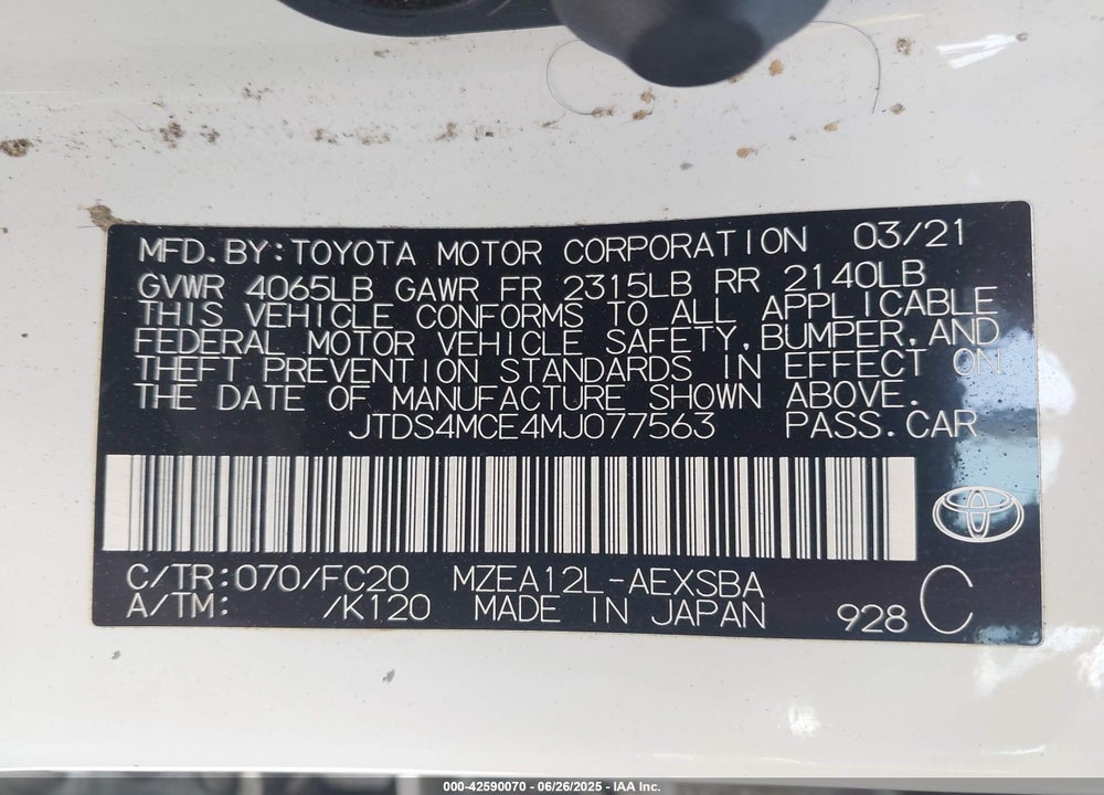 2021 TOYOTA COROLLA VIN: JTDS4MCE4MJ077563