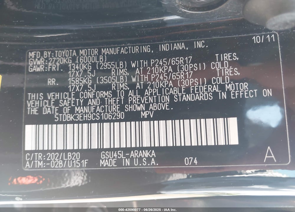 2012 TOYOTA HIGHLANDER VIN: 5TDBK3EH9CS106290