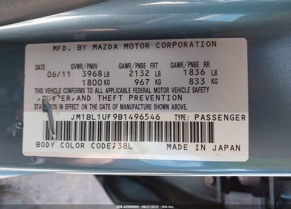 2011 MAZDA 3 VIN: JM1BL1UF9B1496546