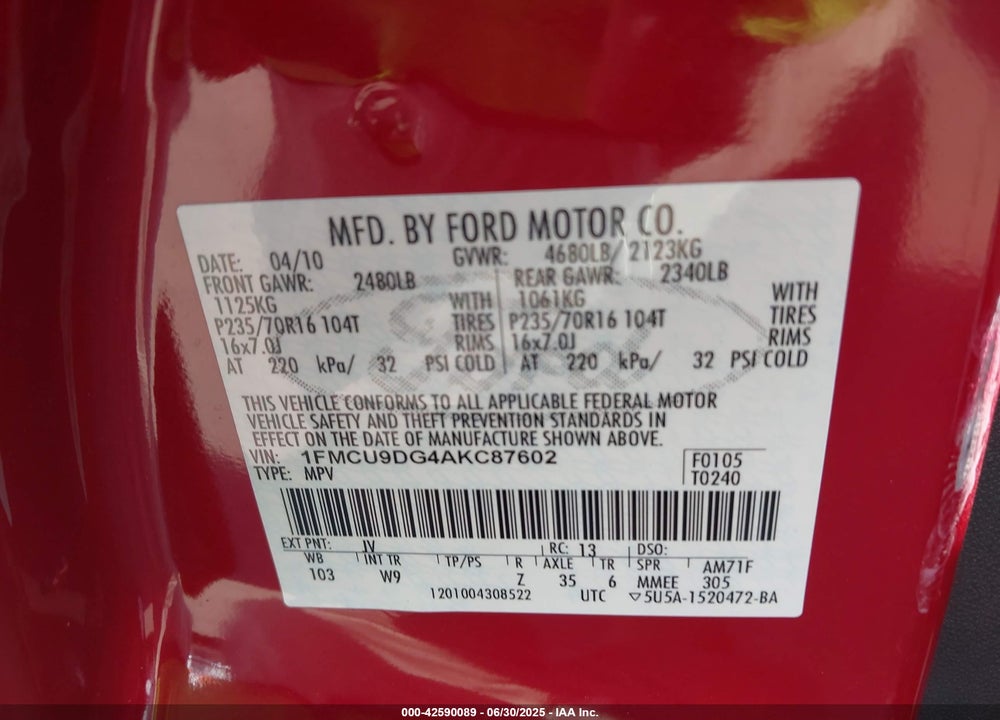2010 FORD ESCAPE VIN: 1FMCU9DG4AKC87602