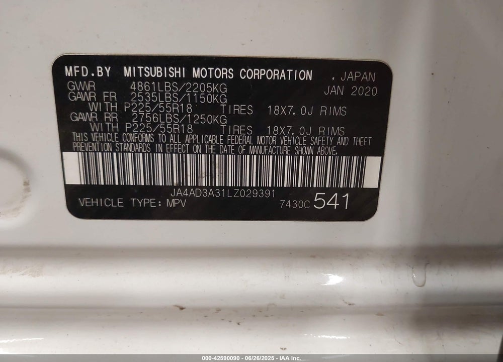 2020 MITSUBISHI OUTLANDER VIN: JA4AD3A31LZ029391