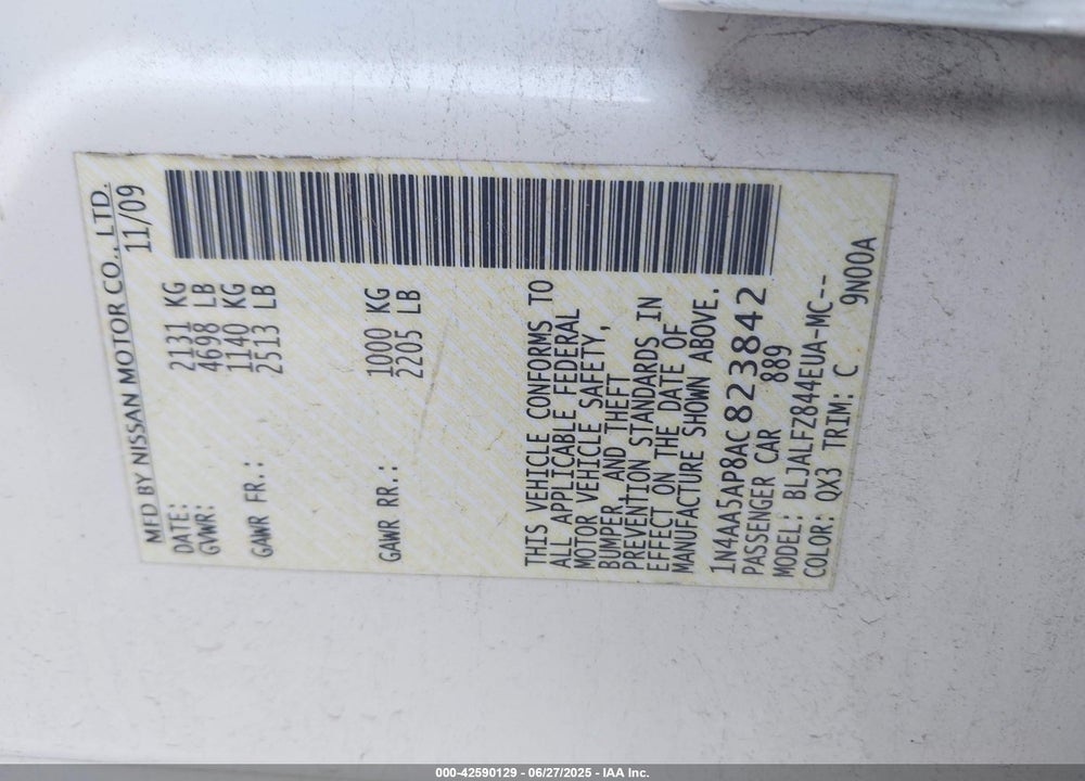2010 NISSAN MAXIMA VIN: 1N4AA5AP8AC823842