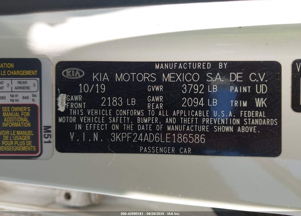 2020 KIA FORTE VIN: 3KPF24AD6LE186586
