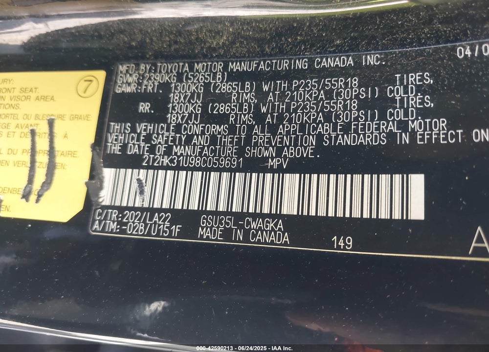 2008 LEXUS RX 350 VIN: 2T2HK31U98C059691