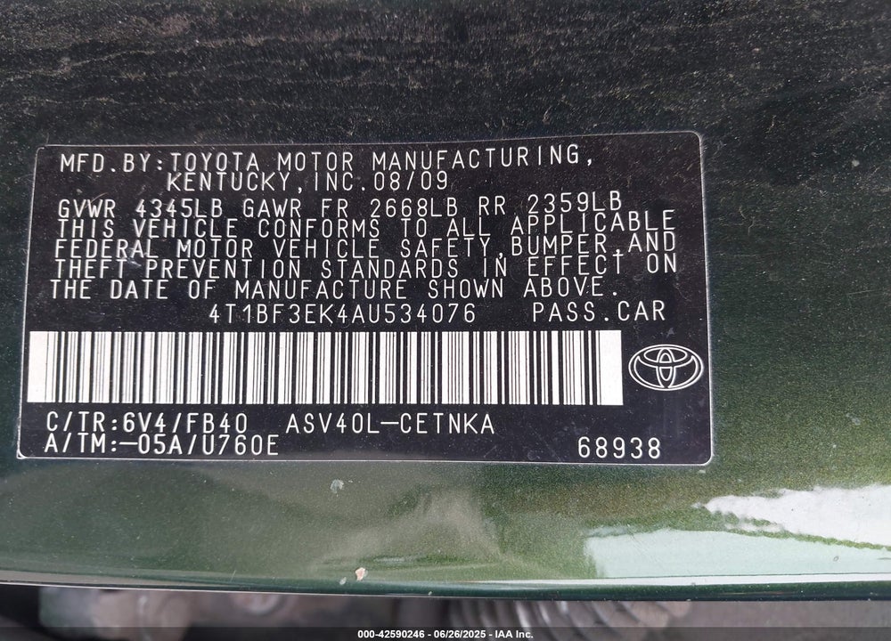 2010 TOYOTA CAMRY VIN: 4T1BF3EK4AU534076
