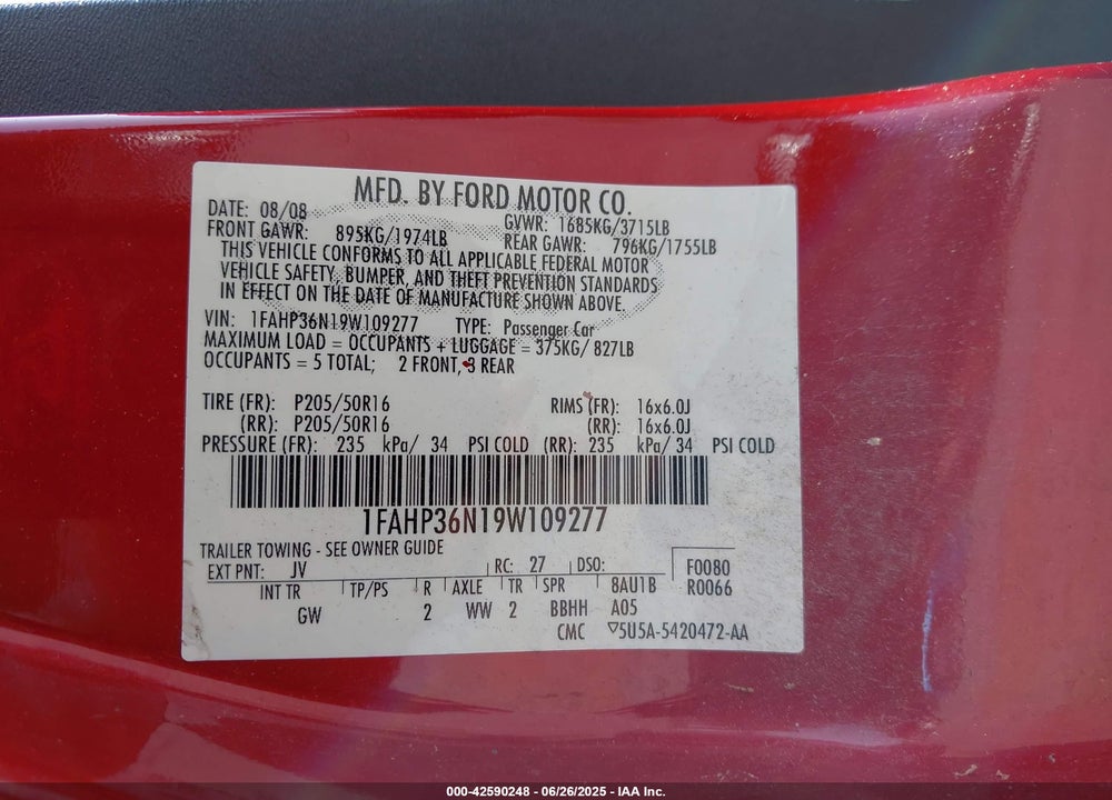 2009 FORD FOCUS VIN: 1FAHP36N19W109277