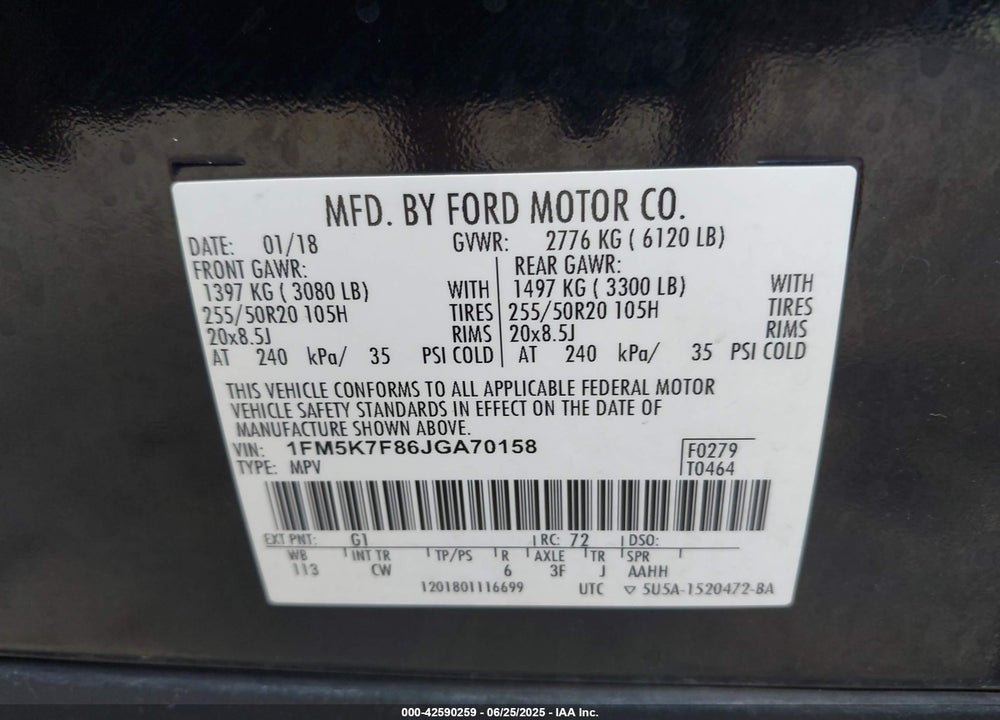 2018 FORD EXPLORER VIN: 1FM5K7F86JGA70158