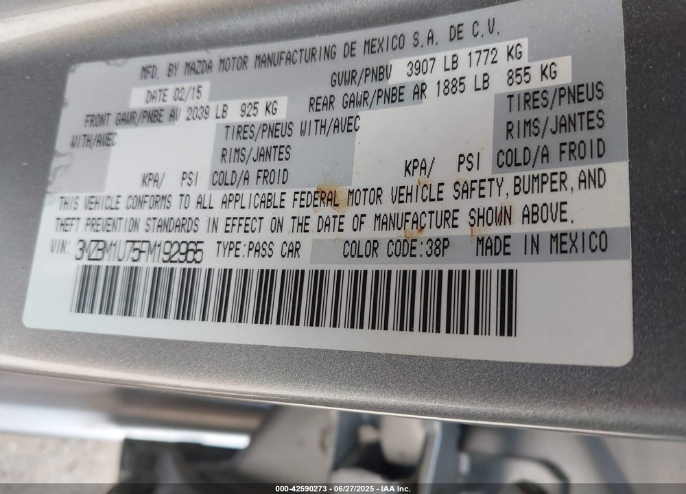 2015 MAZDA MAZDA3 VIN: 3MZBM1U75FM192965