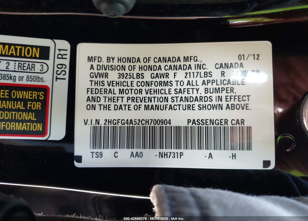 2012 HONDA CIVIC VIN: 2HGFG4A52CH700904