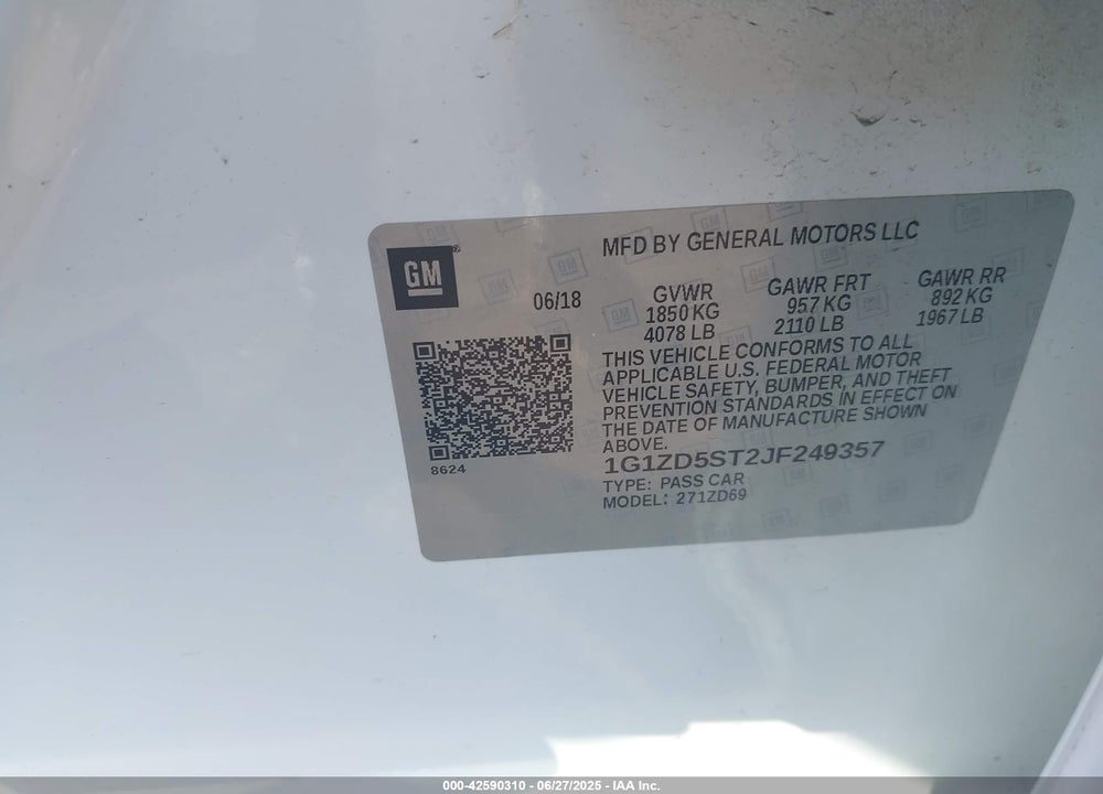 2018 CHEVROLET MALIBU LT VIN: 1G1ZD5ST2JF249357