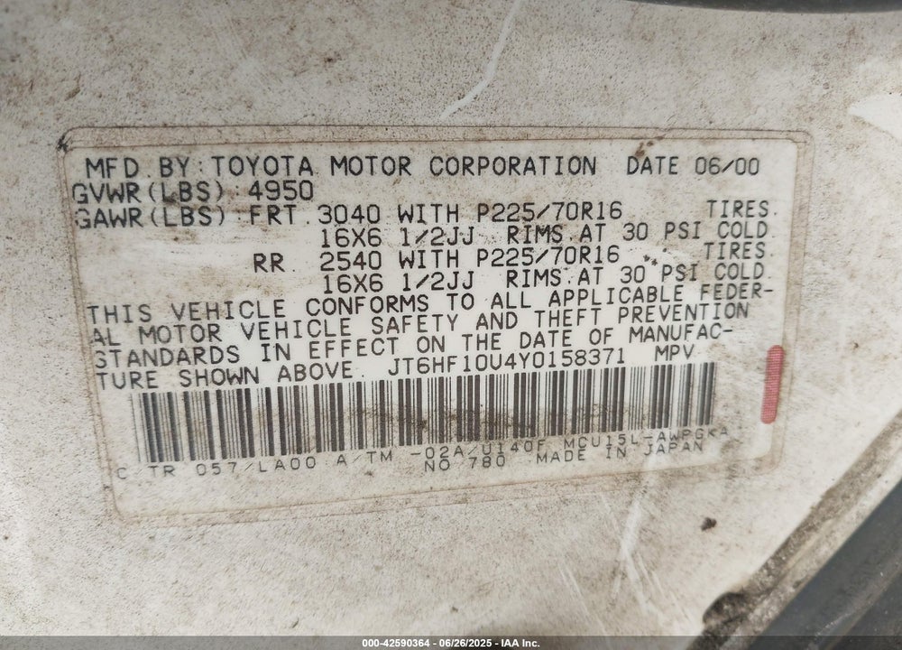 2000 LEXUS RX 300 VIN: JT6HF10U4Y0158371