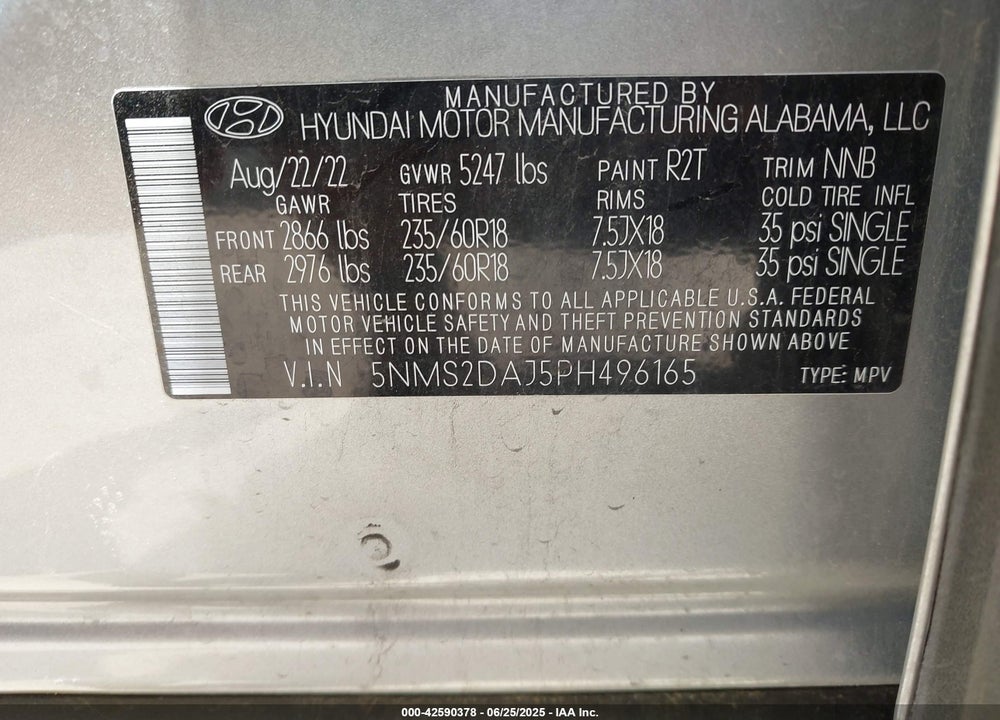 2023 HYUNDAI SANTA FE VIN: 5NMS2DAJ5PH496165