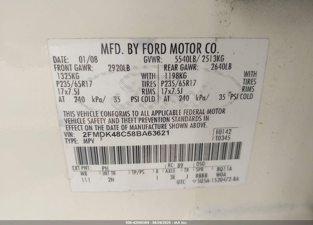 2008 FORD EDGE SEL VIN: 2FMDK48C58BA63621