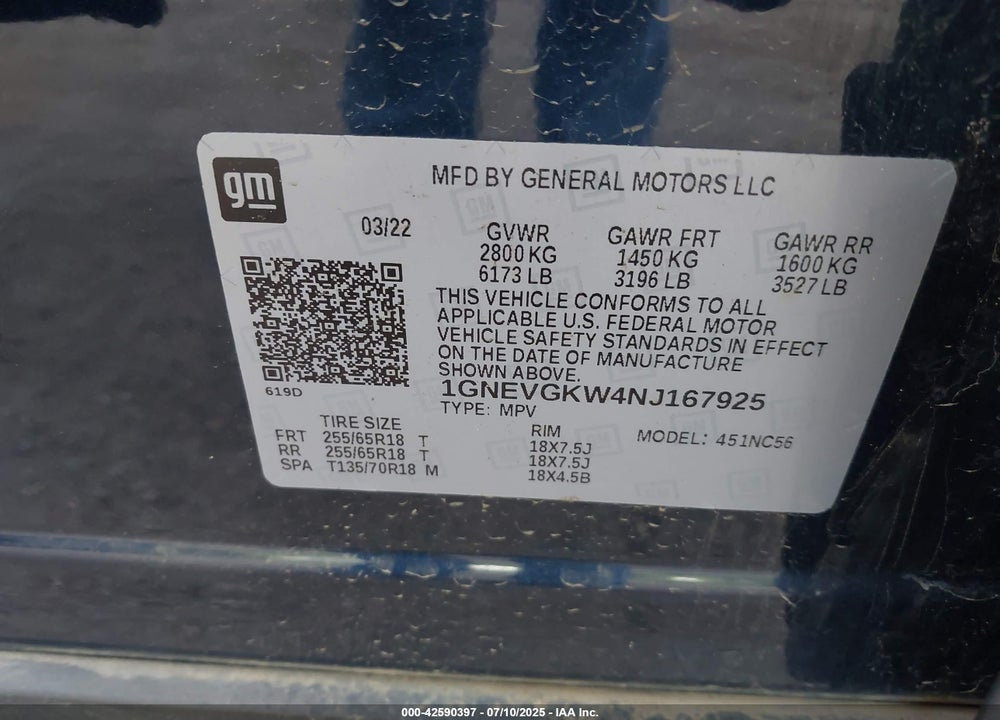 2022 CHEVROLET TRAVERSE VIN: 1GNEVGKW4NJ167925