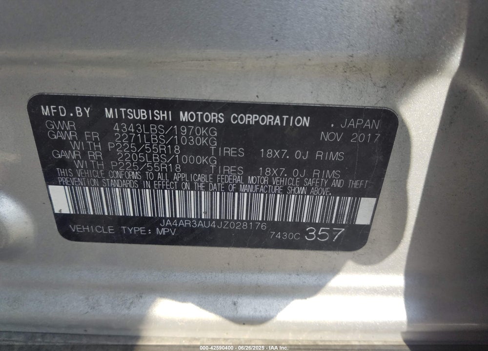 2018 MITSUBISHI OUTLANDER SPORT VIN: JA4AR3AU4JZ028176