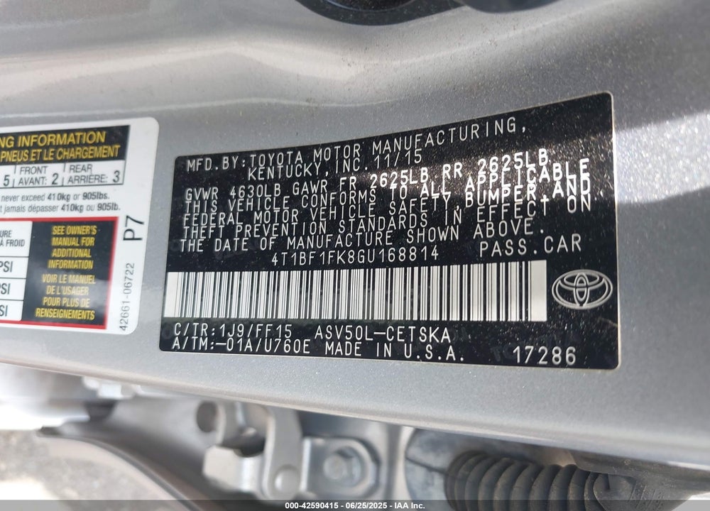2016 TOYOTA CAMRY VIN: 4T1BF1FK8GU168814
