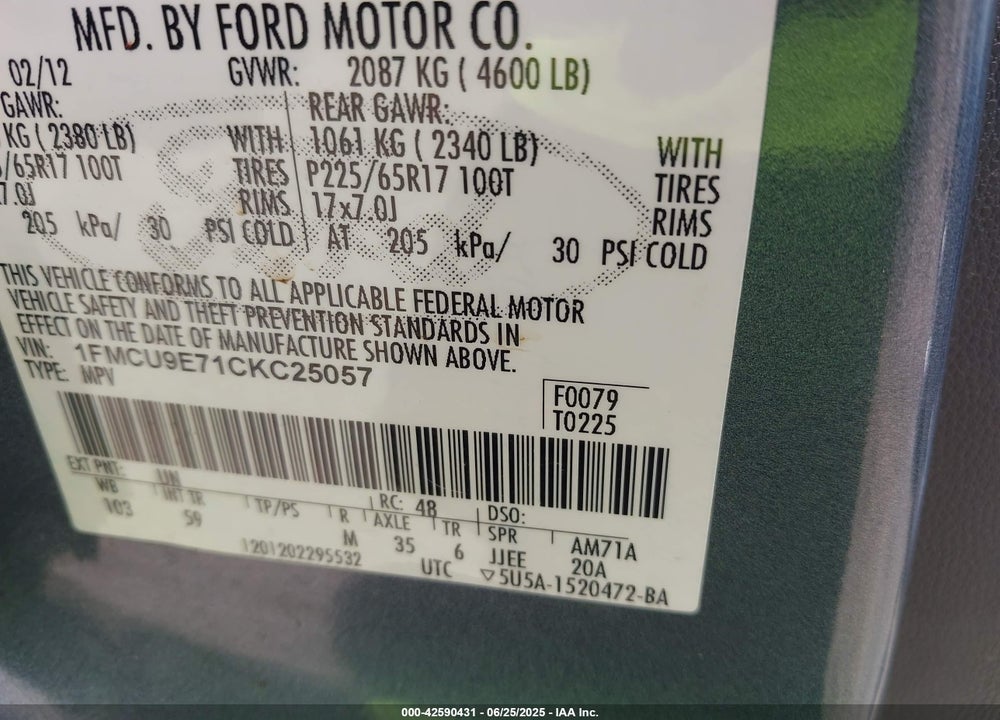 2012 FORD ESCAPE VIN: 1FMCU9E71CKC25057