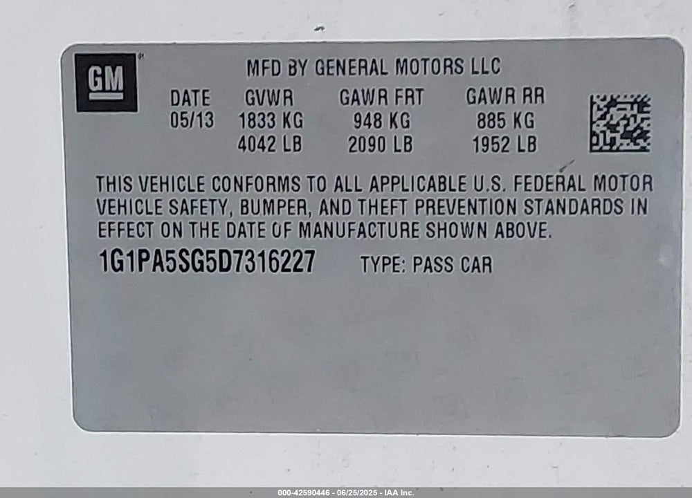2013 CHEVROLET CRUZE LS AUTO VIN: 1G1PA5SG5D7316227