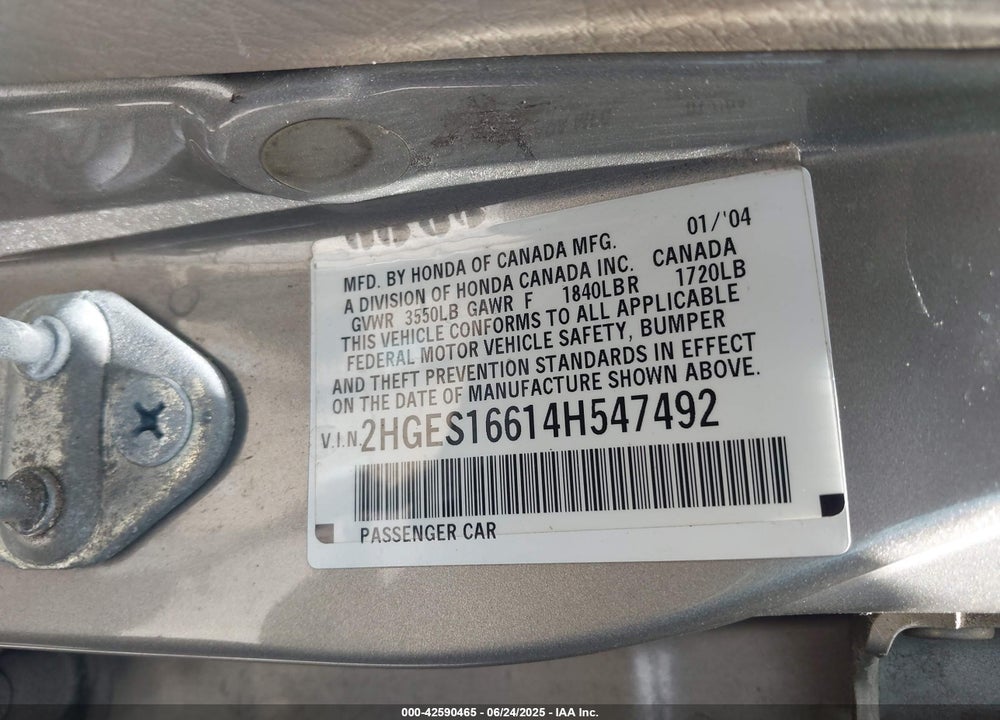 2004 HONDA CIVIC LX VIN: 2HGES16614H547492